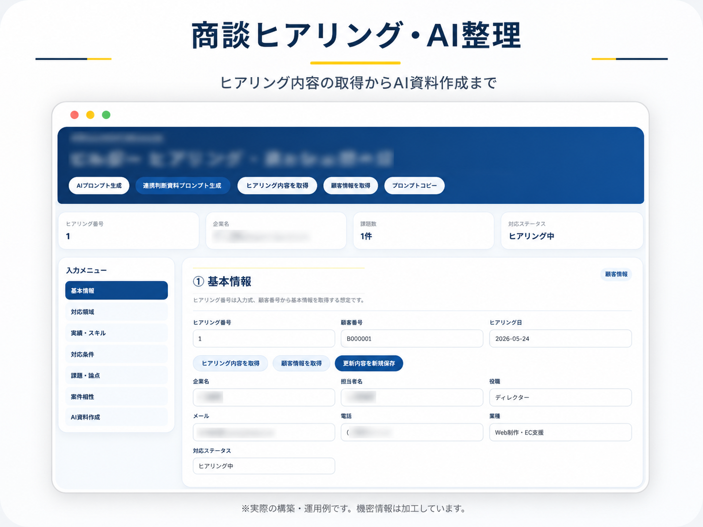 実際に設計・構築した商談ヒアリング・AI整理画面。顧客情報とヒアリング内容を取得し、AIによる情報整理や資料作成につなげている。